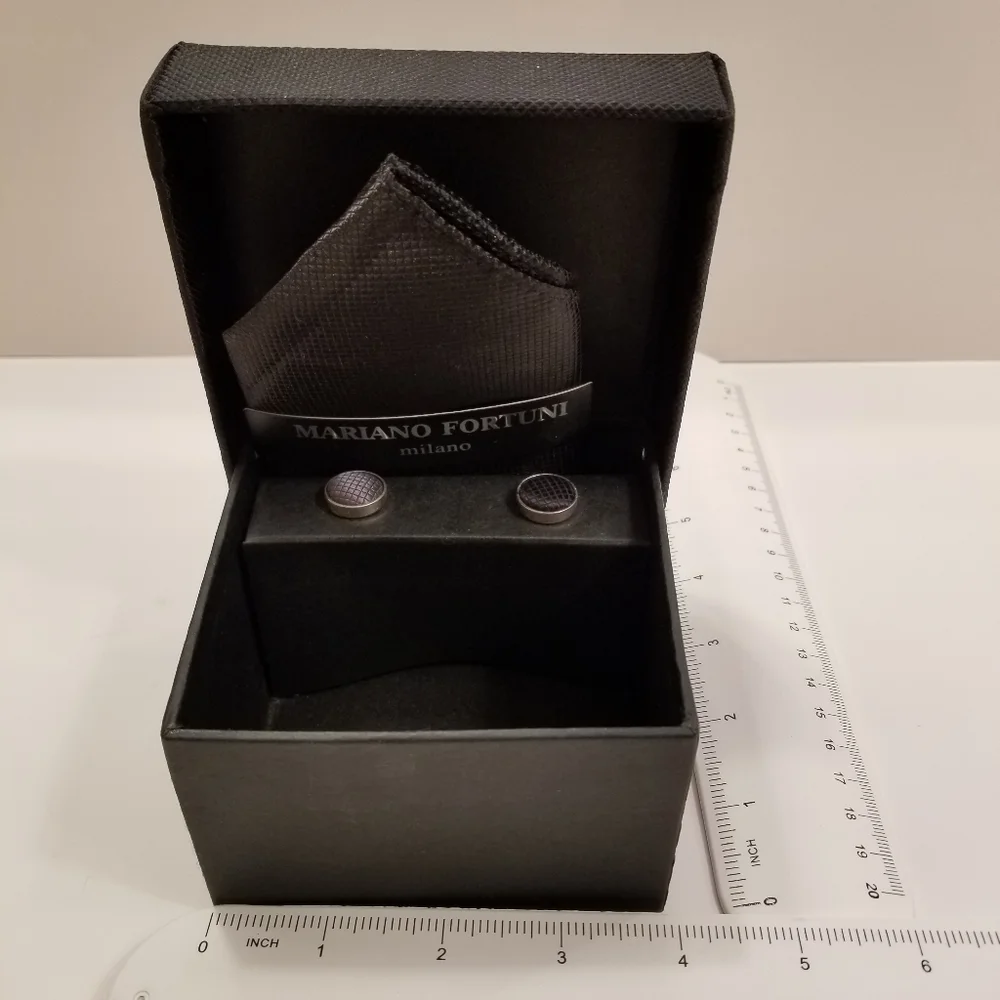 ✅Mariano Fortuni Milano Silk Pocket Square, Cuff Links, Tie, Box